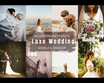May include: A collage of photos featuring couples on their wedding day. The photos are in a variety of settings, including a beach, a forest, and a staircase. The text "50 Lightroom Presets Luxe Wedding Mobile & Desktop" is superimposed on the images.