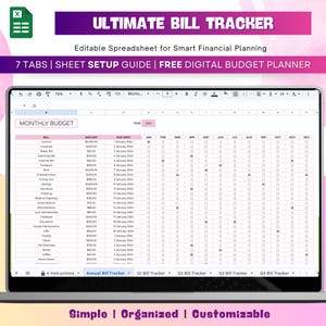 Könnte beinhalten: Ein Laptop-Bildschirm mit einer digitalen Tabelle namens "ULTIMATE BILL TRACKER" zur Finanzplanung. Die Tabelle zeigt ein monatliches Budget-Layout mit Spalten für Rechnungen, Beträge, Fälligkeitsdaten und monatliche Verfolgung. Der Bildschirm zeigt auch den Text "7 TABS | SHEET SETUP GUIDE | FREE DIGITAL BUDGET PLANNER".