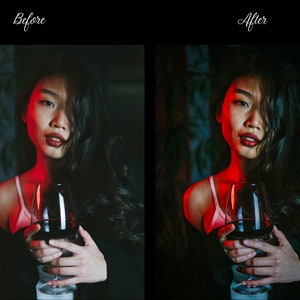 May include: A woman with long dark hair holds a glass of red wine. She is wearing a pink vest top and a black jacket. The background is dark and moody.