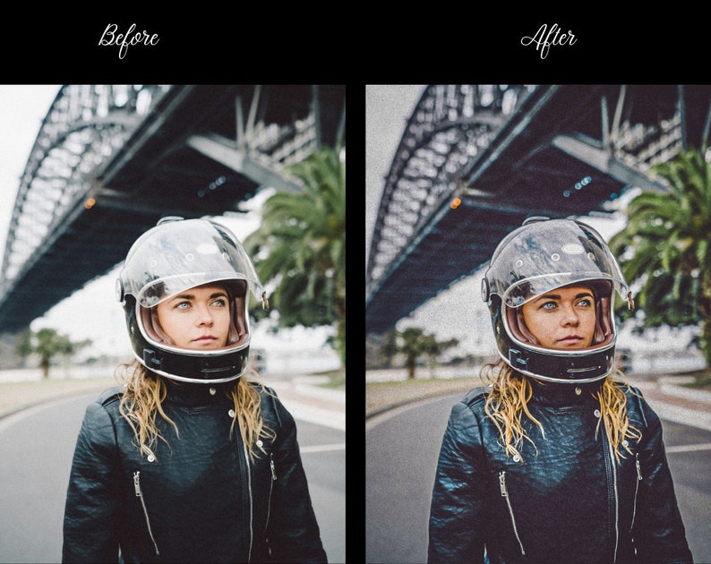 May include: A woman wearing a black leather jacket and a clear motorcycle helmet with a dark visor stands in front of a bridge. The helmet has a brown leather trim around the edge.