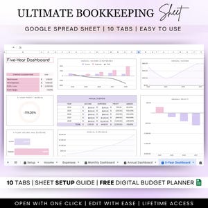 May include: A Google spreadsheet template for bookkeeping with 10 tabs, including a five-year dashboard, annual overview, and annual income and expenses. The spreadsheet is designed to be easy to use and includes a free digital budget planner.