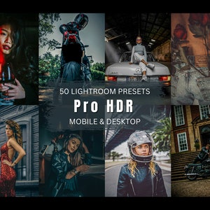 May include: A collage of images showcasing 50 Lightroom presets for creating professional HDR photos. The presets are designed for both mobile and desktop use. The images feature a woman holding a glass of wine, a person riding a motorcycle, a woman sitting in a car, a pair of jeans, a woman holding a glass, a woman wearing a leather jacket, a woman wearing a motorcycle helmet, and a motorcycle parked on a set of stairs.