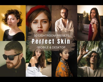 May include: A collage of images showcasing the effects of 50 Lightroom presets for perfect skin. The text "50 Lightroom Presets Perfect Skin Mobile & Desktop" is displayed in the center of the image.