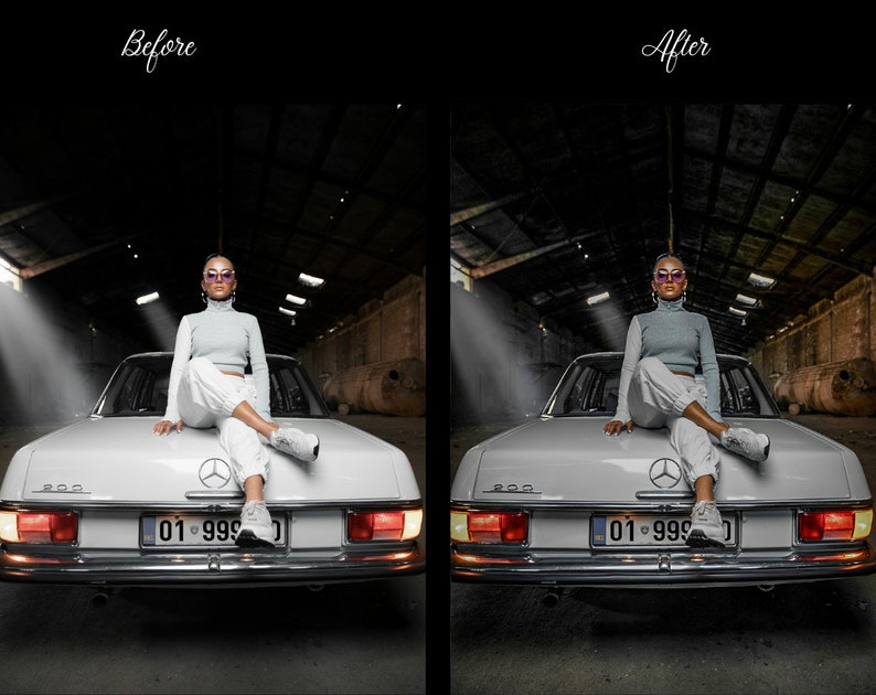May include: A woman wearing sunglasses and a light blue jumper sits on the back of a white vintage car. The car has a number plate that reads "01 999". The car is parked in a dark, industrial setting.