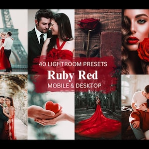 Puede incluir: Un collage de imágenes con rosas rojas, parejas con ropa roja y un objeto con forma de corazón. El texto "40 Lightroom Presets Ruby Red Mobile & Desktop" se muestra sobre un fondo rojo.