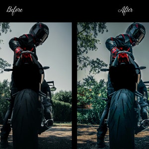 May include: A person wearing a black leather motorcycle jacket and a red helmet is sitting on a black motorcycle. The motorcycle has a red taillight and a black rear tyre. The person is looking down at the motorcycle.