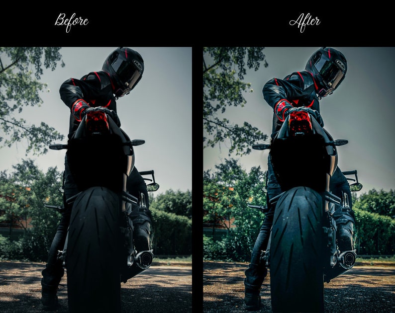 May include: A person wearing a black leather motorcycle jacket and a red helmet is sitting on a black motorcycle. The motorcycle has a red taillight and a black rear tyre. The person is looking down at the motorcycle.