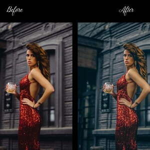 May include: A woman wearing a red sequin dress holds a glass of amber liquid in front of a grey building.