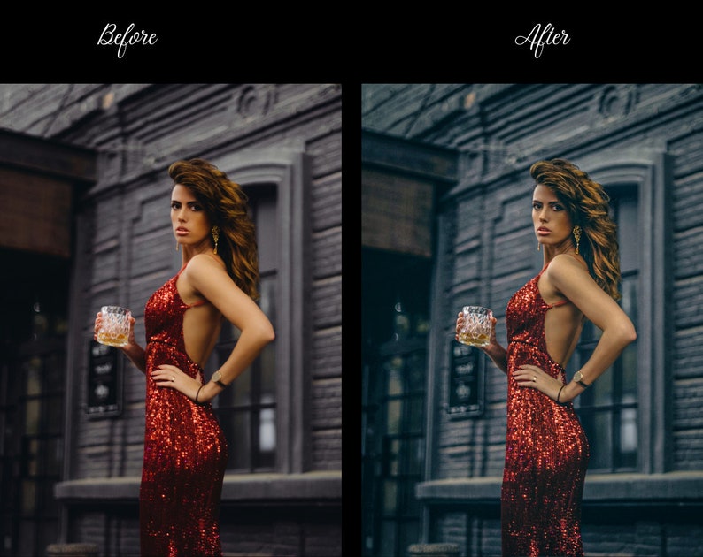 May include: A woman wearing a red sequin dress holds a glass of amber liquid in front of a grey building.