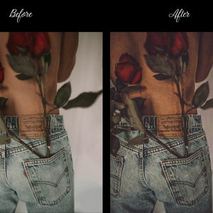 May include: A person wearing blue jeans with a red rose tucked into the back pocket. The rose is partially obscured by the person's back.