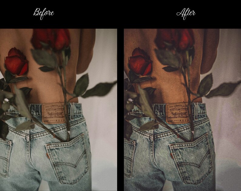 May include: A person wearing blue jeans with a red rose tucked into the back pocket. The rose is partially obscured by the person's back.