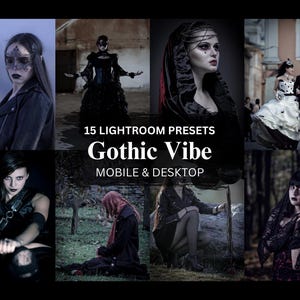 Puede incluir: Un conjunto de 15 ajustes preestablecidos de Lightroom para dispositivos móviles y de escritorio, titulado "Gothic Vibe". Los ajustes preestablecidos están diseñados para crear una estética oscura y melancólica en las fotos. La imagen muestra varios ejemplos de cómo se pueden utilizar los ajustes preestablecidos para editar fotos.