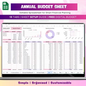 Annual Budget Spreadsheet for Google Sheets, Budget Planner, Budget Template, Yearly Budget Template, Budget Tracker, Personal Budget