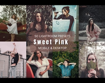 May include: A collage of images featuring women in various settings, with a title that reads "50 Lightroom Presets Sweet Pink Mobile & Desktop".