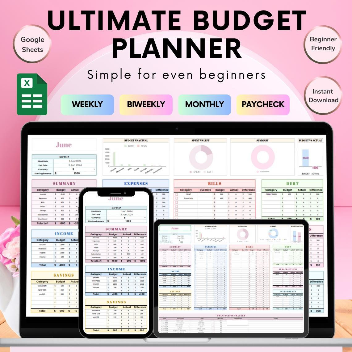 Budget Planner Google Sheet Monthly Budget Spreadsheet Paycheck Budget Template Simple Weekly Financial Planner Beginner, Biweekly Budgeting