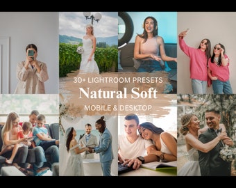 Puede incluir: Un collage de imágenes que muestran el uso de más de 30 ajustes preestablecidos de Lightroom para un aspecto natural y suave. Los ajustes preestablecidos están diseñados para su uso tanto en dispositivos móviles como de escritorio. Las imágenes presentan una variedad de temas, que incluyen personas, paisajes y bodegones.