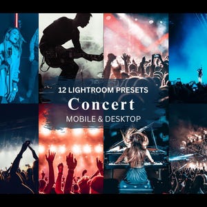 Peut inclure: Un ensemble de 12 préréglages Lightroom pour l'édition de photos de concerts. Les préréglages sont conçus pour une utilisation mobile et de bureau. L'image montre une variété de scènes de concerts, notamment un musicien se produisant sur scène, une foule de personnes à un concert et un pianiste jouant dans une salle de concert.