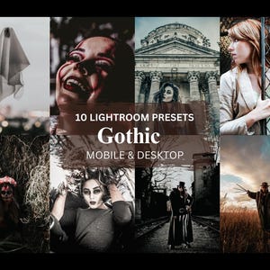 May include: A collage of images with a dark and moody aesthetic. The images feature a ghost, a woman with dark makeup, a gothic building, a woman in a coat, a woman with dark hair, a man in a hat, and a scarecrow in a field. The text "10 Lightroom Presets Gothic Mobile & Desktop" is displayed in the center of the collage.