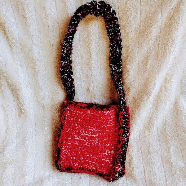 Handmade crochet Alluring Square shoulder handbag hippie boho chic unique purse red pink black bag