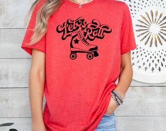May include: Red t-shirt with a black graphic of roller skates and the text "Let's Roll" in a retro font.
