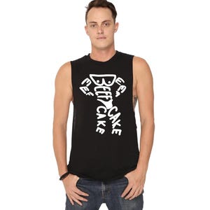 May include: A black sleeveless shirt with a white graphic of a stick figure with the word "BEEFY CAKE" written on it.