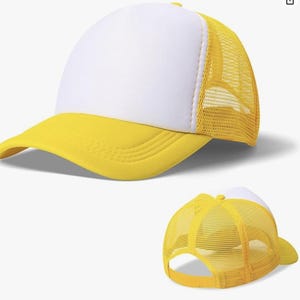 May include: A yellow and white trucker hat with a curved brim. The front of the hat is white, the brim is yellow, and the back is yellow mesh. The hat is designed for sun protection and casual wear.