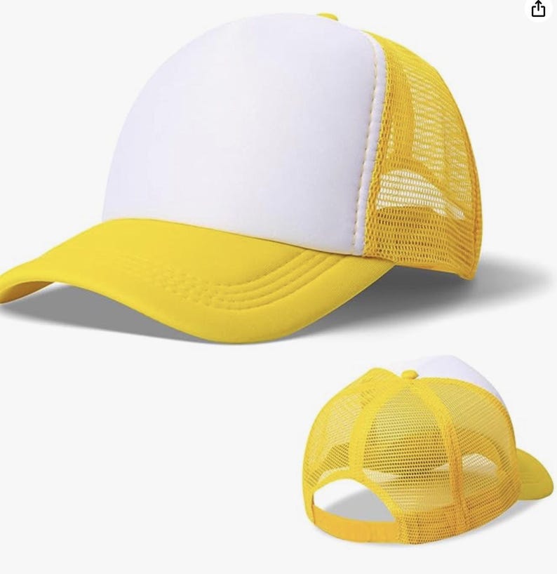 May include: A yellow and white trucker hat with a curved brim. The front of the hat is white, the brim is yellow, and the back is yellow mesh. The hat is designed for sun protection and casual wear.