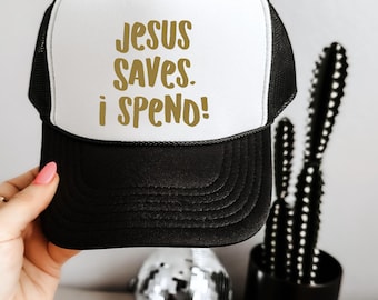 New! Jesus Saves I Spend Embroidered Cheetah Leopard. Trucker Hat Cool Cats Jesus Saves I Spend Leopard Vintage Hat / Vintage Trucker  main image 3
