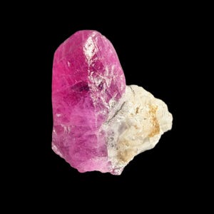 以下が含まれることがあります： 鮮やかなピンク色の原石ルビーの結晶。白い鉱物基盤の上に配置され、自然な形状を示しています。表面はざらざらとした質感です。背景は黒色です。