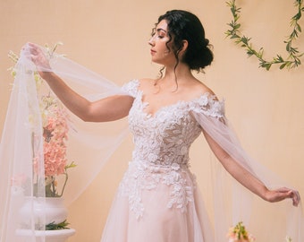Blush 3D Floral Lace Off the Shoulder Gown, Fantasy Wedding Dress, Made to Order