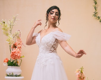 Ivory 3D Floral Lace A-Line Gown, Fantasy Wedding Dress, Made to Order
