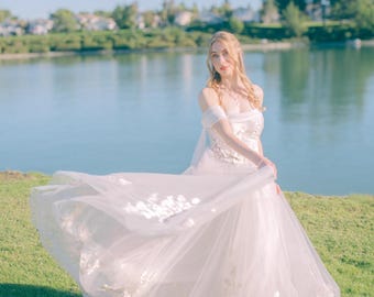 Fairytale Blush Lace Off the Shoulder Gown, Fantasy Wedding Dress, Made to Order