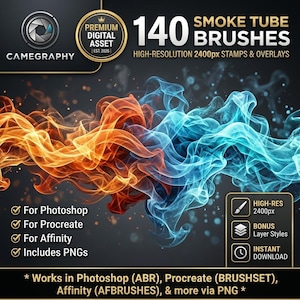 140 rookbuispenselen, Procreate Photoshop Affinity-stempels, PNG-overlays, digitale kunsteffecten
