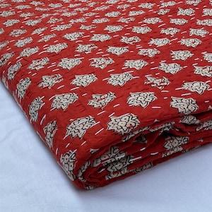 Handmade Floral Kantha Quilt: Dark Red Cotton Bedspread
