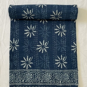 Handmade Indian Kantha Quilt: Blue Floral Hand Block Print Bedspread