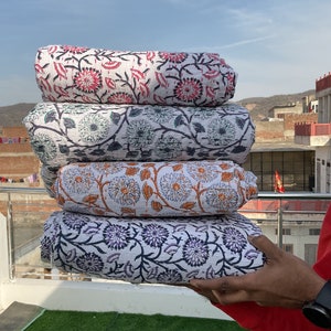 Handmade Floral Kantha Quilt: Indian Block Print Cotton Bedspread