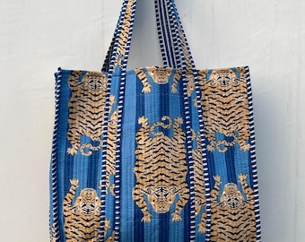 Tiger Print Quilted Cotton Tote Bag: Handmade Ethnic Market Bag