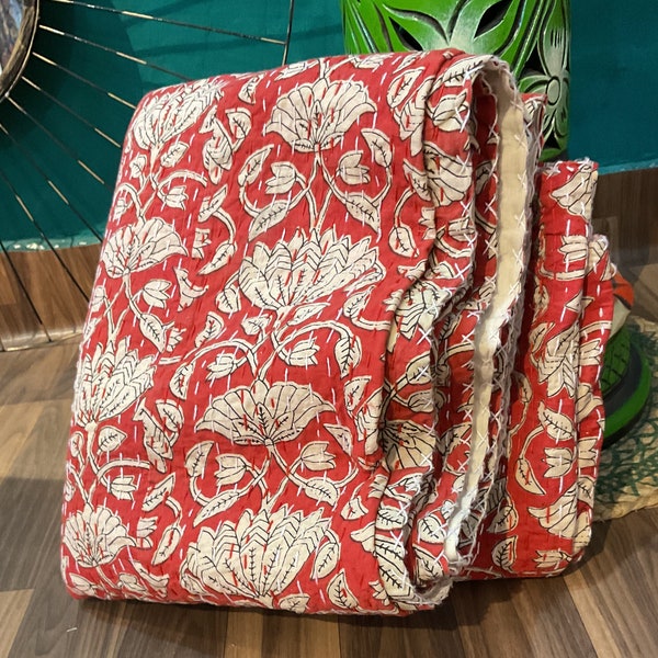 Red Floral Kantha Quilt: Handmade Indian Cotton Bedspread