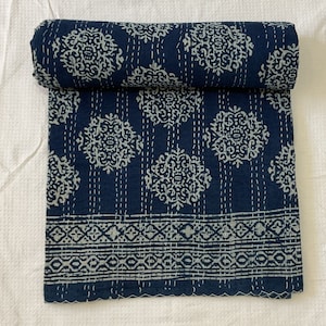 Handmade Indigo Kantha Quilt: Indian Block Print Cotton Bedspread