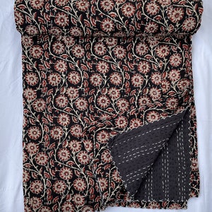 Floral Print Kantha Quilt: Handmade Cotton Bedspread