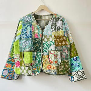 Handmade Green Cotton Quilted Jacket: Reversible Block Print Coat