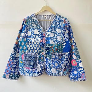 Blue Block Print Quilted Cotton Jacket - Reversible Indian Coat