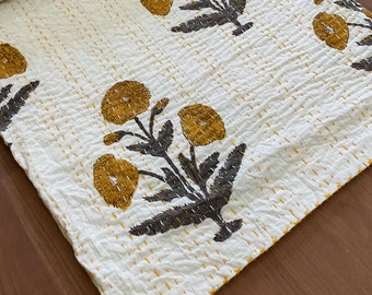 Hand Block Print Kantha Quilt: Indian Cotton Floral Bedspread