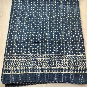 Handmade Indigo Kantha Quilt: Polka Dot Cotton Bedspread