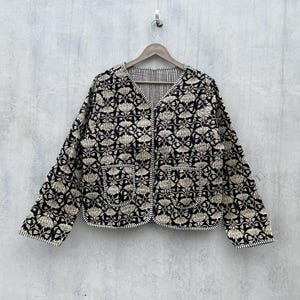 Cotton Women&#39;s Quilted Jacket Block Printed Boho Style Quilted Handmade Jackets, Coat Holidays Gifts Button Closer Jacket for Women Gifts