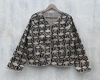 Block Printed Cotton Quilted Jacket: Boho Handmade Women's Coat