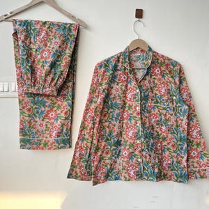 Floral Block Print Cotton Pajama Set, Pj Set, Adult Night Suit, Night Wear, Sleep Wear, Bridesmaid PJ Set