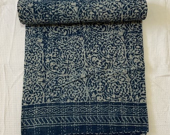 Edredón Kantha azul índigo, colcha india Kantha, ropa de cama, cubrecama, manta para cama individual, queen o king