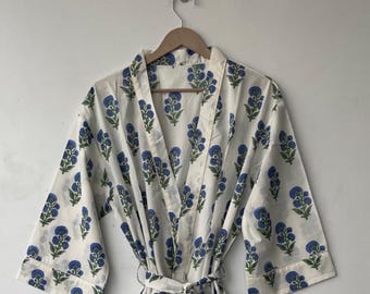 Hand Block Printed Organic Cotton Kimono Robe - Floral Dress