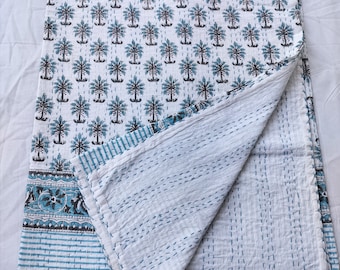 Blue Palm Tree Kantha Quilt: Handmade Indian Cotton Bedding